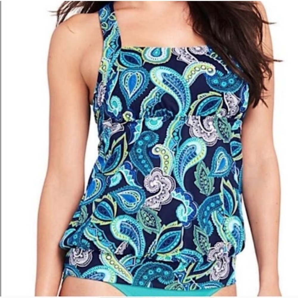 Lands End‎ Blue Paisley Blouson Tankini Swim Top Size 14